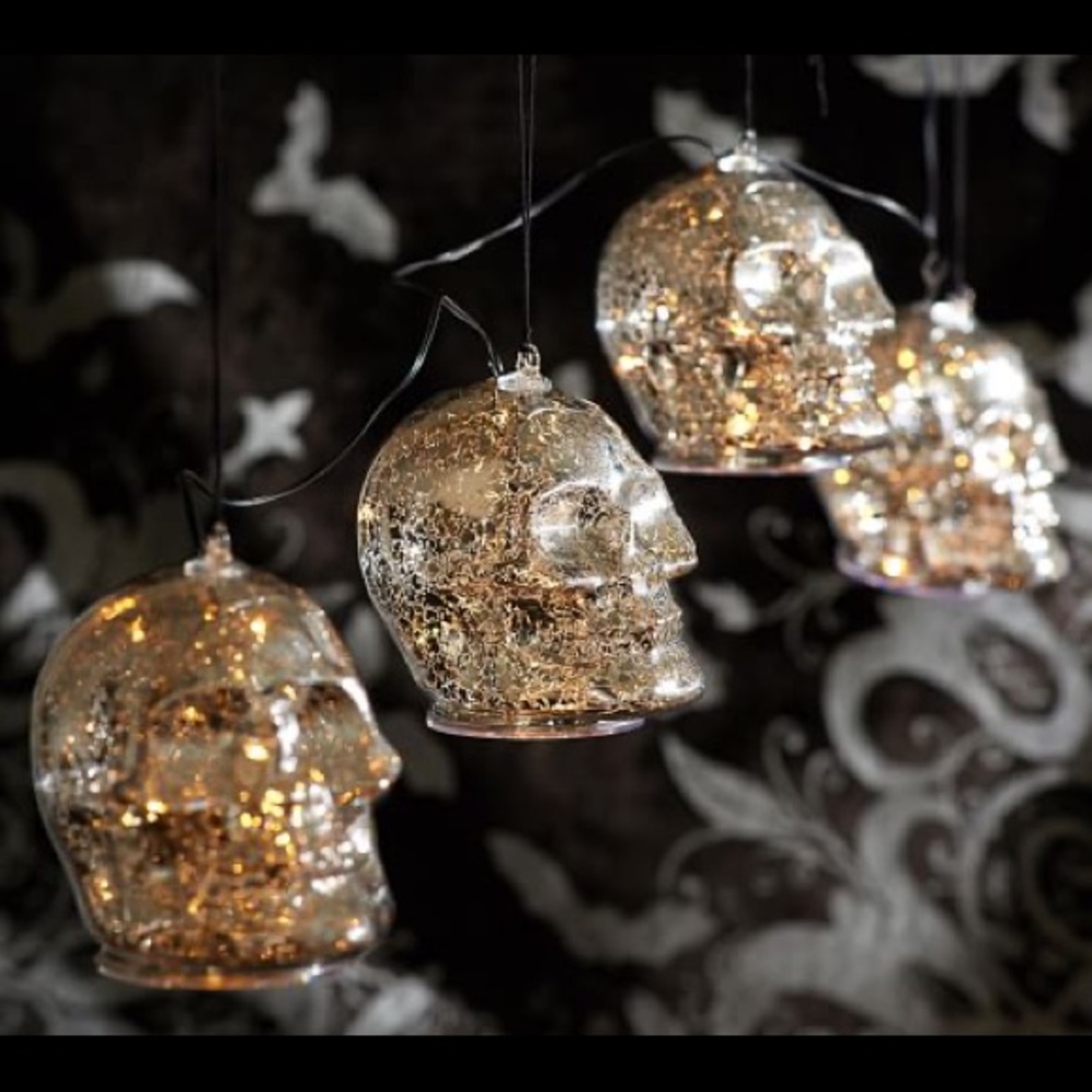 Pottery Barn Spooky Silver Mercury Style Warm Glow LED Light Up Skulls 💀🕷